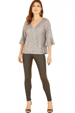 Blouses^Yumi Sequin Top With Fluted Sleeve Silver