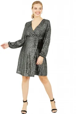 Mini Dresses^Yumi Sequin Wrap Dress With Velvet Tie Black