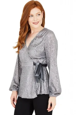 Blouses^Yumi Sequin Wrap Top Silver