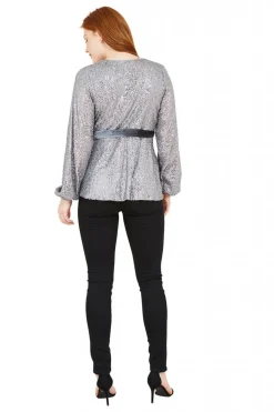 Blouses^Yumi Sequin Wrap Top Silver