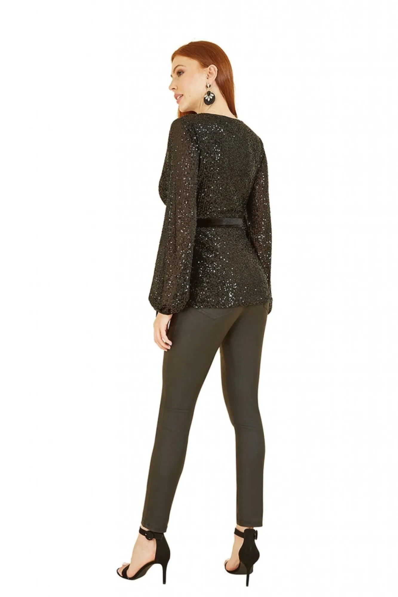 Blouses^Yumi Sequin Wrap Top With Velvet Tie Black