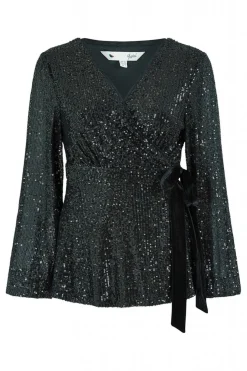 Blouses^Yumi Sequin Wrap Top With Velvet Tie Black