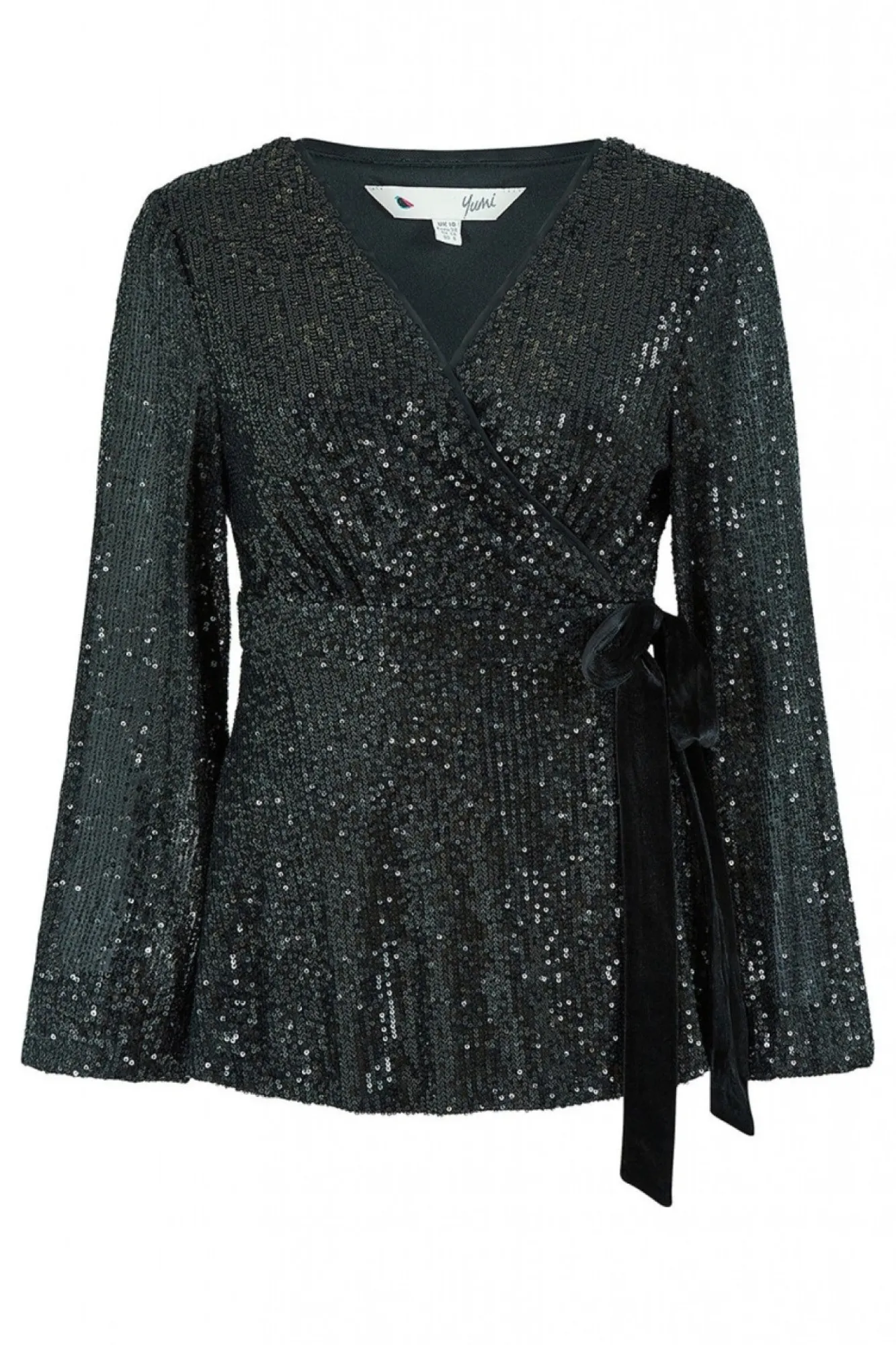 Blouses^Yumi Sequin Wrap Top With Velvet Tie Black
