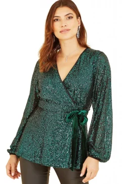 Blouses^Yumi Sequin Wrap Top With Velvet Tie Green