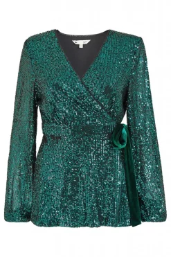 Blouses^Yumi Sequin Wrap Top With Velvet Tie Green