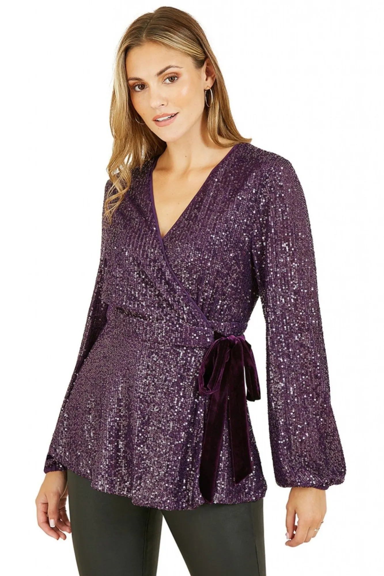 Blouses^Yumi Sequin Wrap Top With Velvet Tie Purple