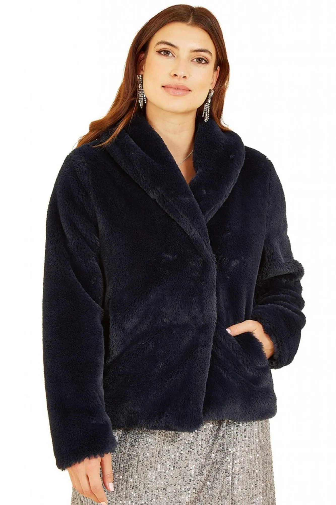 Outerwear^Yumi Short Wrap Faux Fur Coat Navy