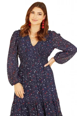 Midi Dresses^Yumi Star Print Long Sleeve Midi Dress Navy