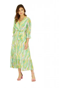 Midi Dresses^Yumi Swirl Print Pleated Dress With Belt Green