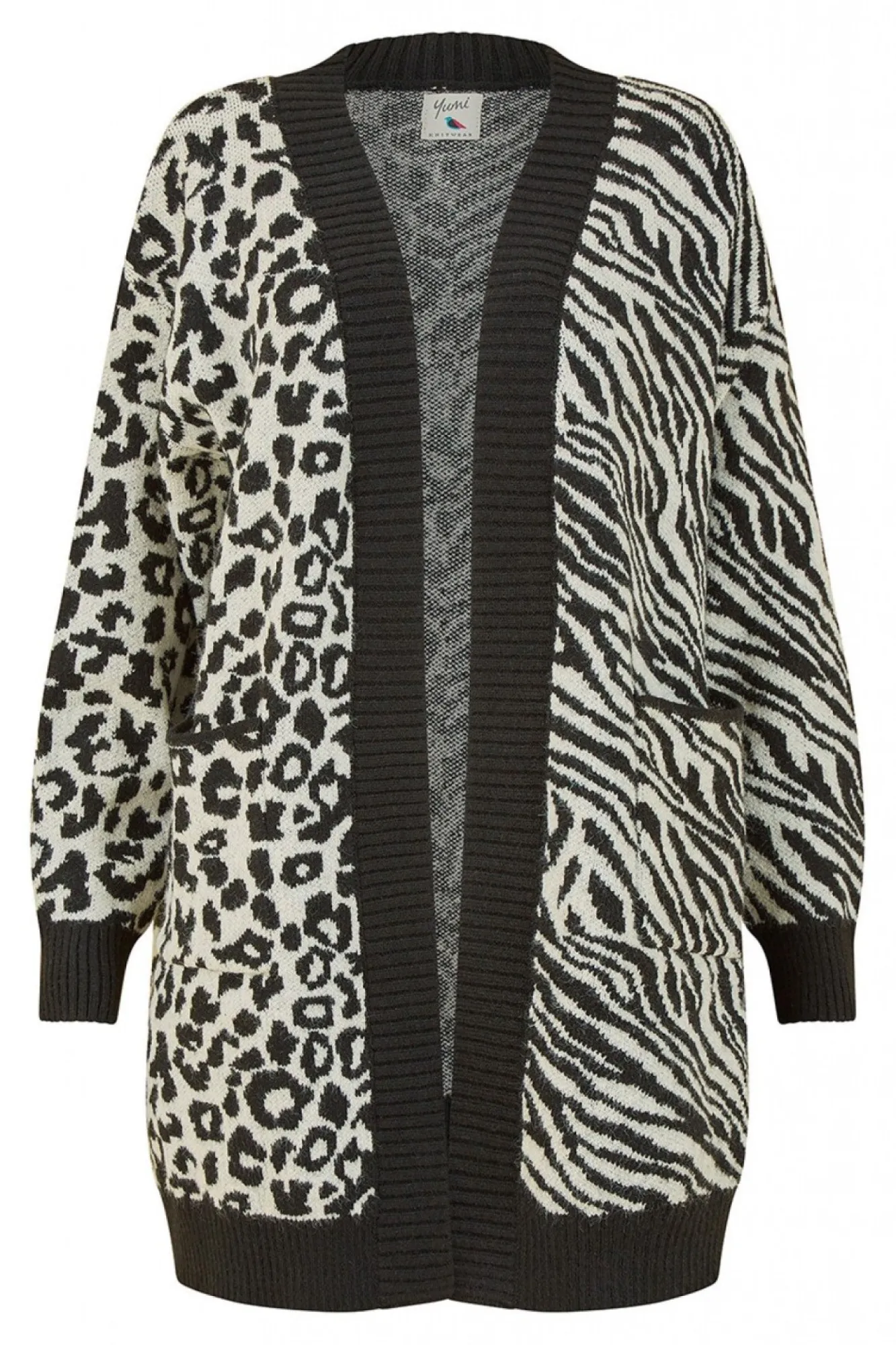 Knitwear^Yumi Zebra And Leopard Print Knitted Intarsia Cardigan Black